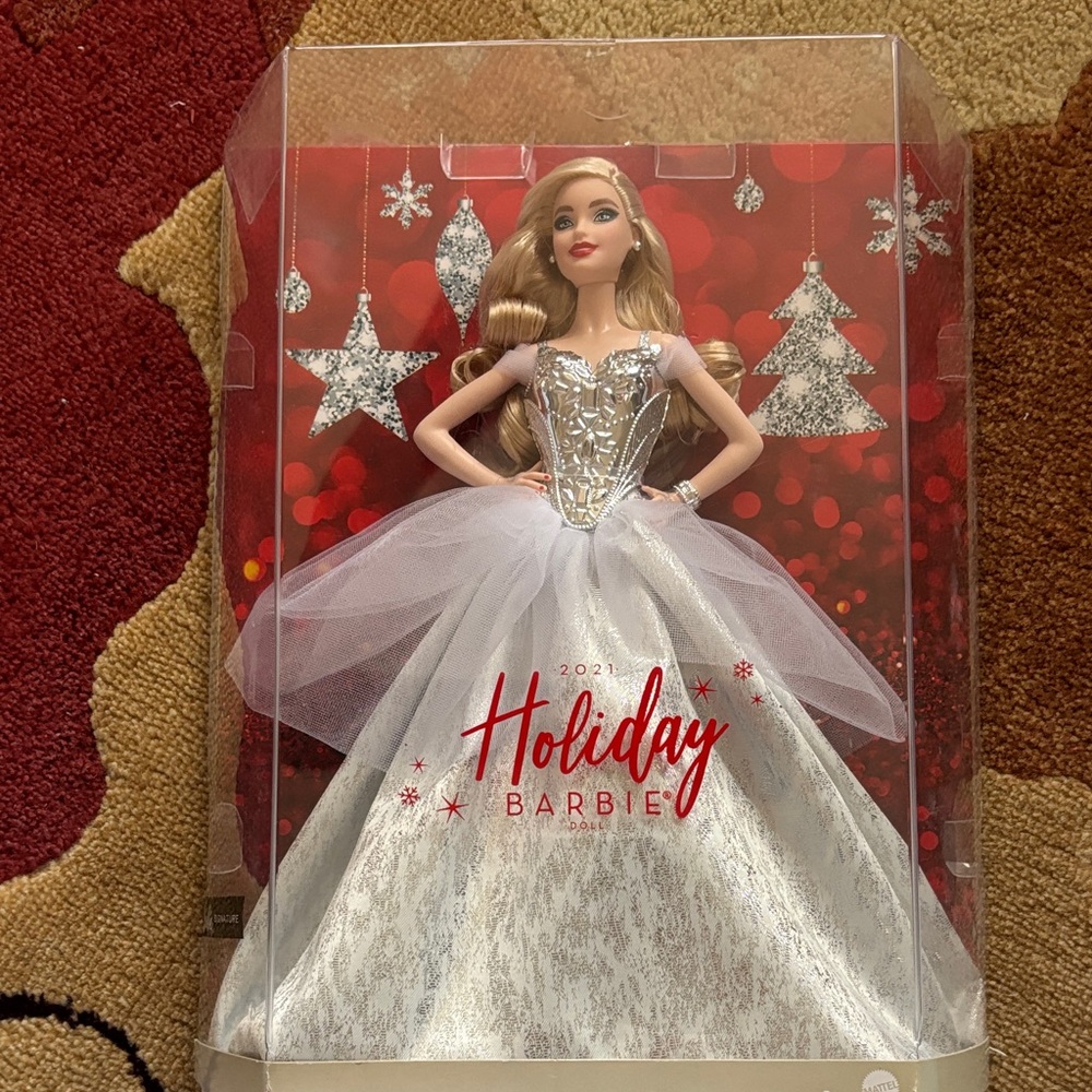 2021 Holiday Barbie Doll collectible in Silver and White Dress.